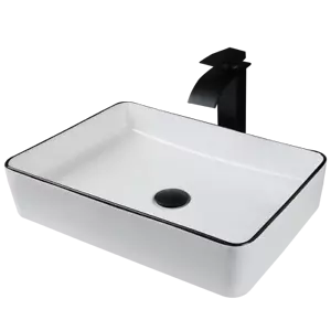 US Ceramic Sink Bathroom White Rectangle Basin Waterfall Deck Mounted Mixer Taps - Picture 1 of 12
