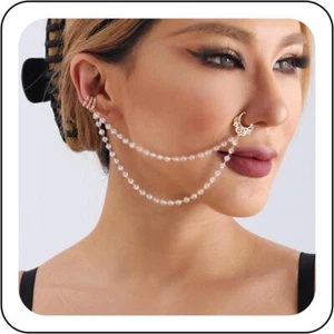 Punk Fake Nose Ring Hoop Gold Nose Rings with Crystal Chain Tassel Non-Piercing - Picture 1 of 7