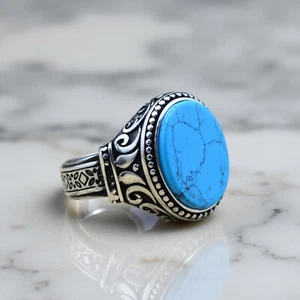 Turquoise Men's Ring 925 sterling silver Handmade Ottoman Style Signet Jewelry - Picture 1 of 6