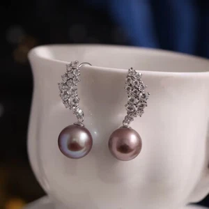 elegant 10-11mm south sea round lavender pearl dangle earring 925s(t) - Picture 1 of 3