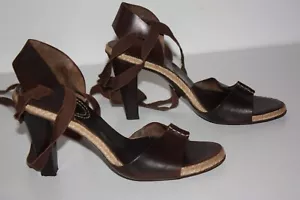 CELINE Sandales à Lanières Cuir Marron Foncé Talons Bois T 38 TBE - Picture 1 of 8