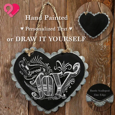 SCALLOPED HEART MAGNETIC CHALK BOARD Hanging Notice Sign Galvanized Zinc VINTAGE - Image 1 of 4