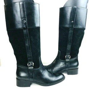 Trask Black Leather & Suede Riding Boots Knee High 6M Zip Buckle 1.25" Heel New - Picture 1 of 11