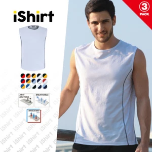 3PCX MENS SINGLET TANK 100% POLYESTER COOL DRY BREATHABLE PANEL LINE SPORTS TANK - Picture 1 of 18