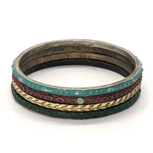 BRASS BANGLES Bracelet Lot Set of 4 Aqua Cream Enamel 8" - Picture 1 of 4