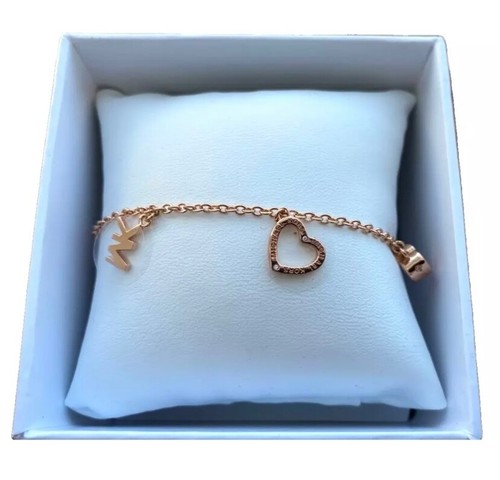 Bracciale Cuore Nuovo con Etichette Michael Kors Oro Rosa Argento 3 Ciondoli Catena Pendente Slide