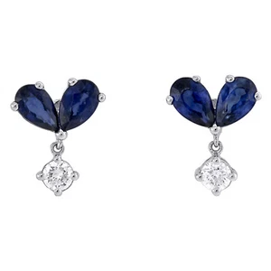 14K White Gold Natural Sapphire & Diamond Dangle Drop Studs 10mm Earrings 1/6 CT - Picture 1 of 6