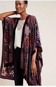 Burnout Velvet Kimono Long Cardigan Cover Up Burgundy Rust Floral OS - Picture 1 of 10