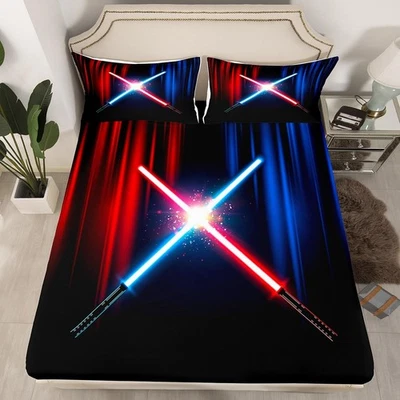 Sábana Ajustable Sable de Luz de Neón Talla Queen Geométrica Rojo Azul Abstracto Omb... Foto 1 de 4