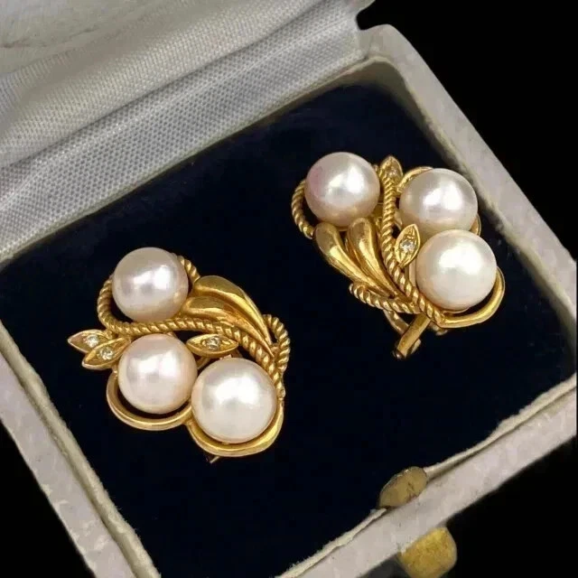Винтажные серьги в стиле ар-деко с натуральным жемчугом круглой огранки 3,5 карата с покрытием из желтого золота - Изображение 1 из 4