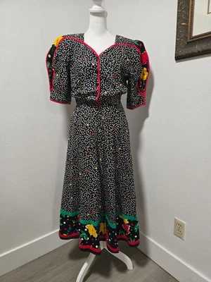 80s CHOON BLACK/WHITE/MULTICOLOR CONFETTI PRINT PUFF SLEEVE DAY DRESS SZ M - Image 1 of 4