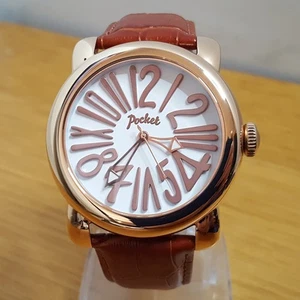 Mens XL Brown Leather Retro Pop-Art Rose Gold Grande 45mm Pocket Watch 3000 NEW - Picture 1 of 10