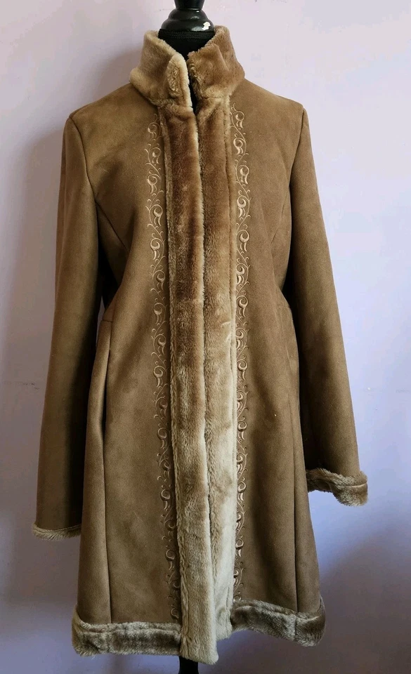 Vtg Y2K Penny Lane Embroidered Trim & Faux Fur Lined Suede Coat Long Sz L NYC  - Image 1 of 4