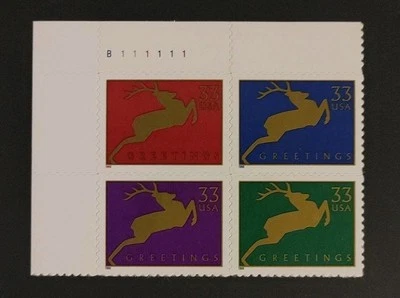 US Stamps SC# 3356-3359 Christmas Deer, Plate Block #B111111. MNH. Free shipping - Image 1 of 2