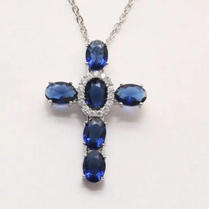 Handmade Jewelry London Blue Topaz Gemstone Silver Women Cross Necklace Pendants - Picture 1 of 6