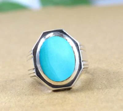 Solid 925 Sterling Silver AA Blue Turquoise Oval Gemstone Men's Unisex Gift Ring - Image 1 of 4