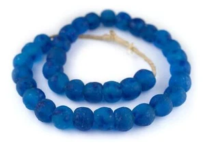 Aqua Swirl Recycled Glass Beads 18mm Ghana African Sea Glass Blue Round Handmade - Picture 1 of 3