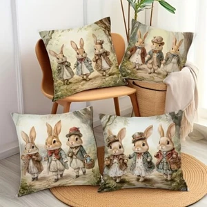 4 Pieces Vintage Cute Bunny Easter Decorative Pillow Covers Sofa Decoration - Picture 1 of 7