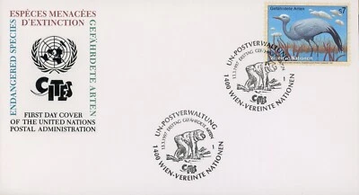 Grúa azul de especies amenazadas Viena 215 FDC de las Naciones Unidas Foto 1 de 2