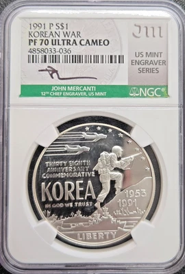 1991 - P S1$ Korean War Commemorative Silver Dollar NGC PF70 Ultra Cameo - Image 1 of 3