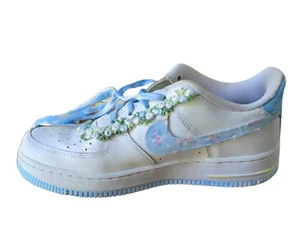 Nike Air Force 1 Kids Custom Sneakers White With Blue Flowers Girl's Size 5Y - Picture 1 of 14