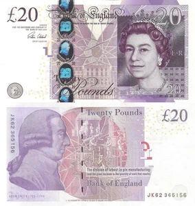 England/Great Britain 20 Pounds (2015) QE II/Adam Smith - p392c, B201c UNC - Picture 1 of 3