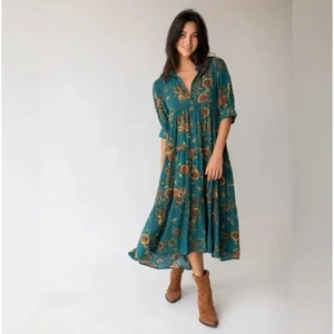 NATURAL LIFE Rebecca grün Blumen Stufen Midikleid türkis orange Cluster Medium - Bild 1 von 9