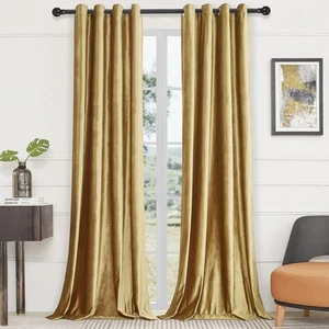 Velvet Gold Curtains 84 inch Length- Living Room Blackout Thermal Window Drap... - Picture 1 of 7