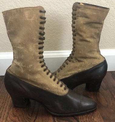 Vintage 1800’s All America Women’s Lace Up Leather/Canvas Victorian Narrow Boots - Image 1 of 4