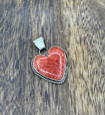 Navajo Handmade Sterling Silver Red Spiny Oyster Shell Heart Shaped Pendant - Image 1 of 3