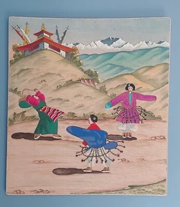 Vtg Tibetan Art Hand Embroidered & Painted Textile Fabric Asian Folk 29.5x26.5in - Picture 1 of 15
