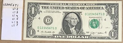 D 12345671 D : Near Perfect Ascending Ladder FRN $1 One Dollar Bill UNCIRCULATED - Image 1 of 2