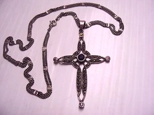 2-1/4" Multi Color Lab-Created Gems Marcasite Sterling Silver Cross w/16" Chain - Picture 1 of 6