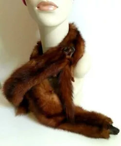 Genuine Vintage Mink Pelt Stole Three Full Body Real Fur Red/Brown Wrap Shawl - Picture 1 of 12