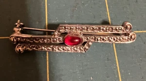 Vintage Silver Tone Red Stone Bar Brooch Pin - Picture 1 of 2
