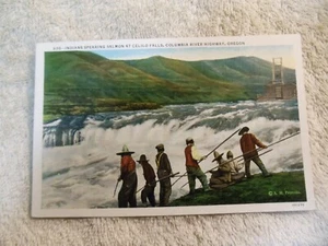 Postcard OR Celilo Falls Oregon Indians Spearing Salmon Columbia River FREE S - Picture 1 of 2