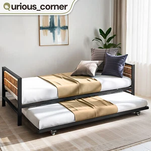 Twin Metal Daybed Bed Frame Pop Up Trundle with Slat Support & Adjustable Height - Picture 1 of 11