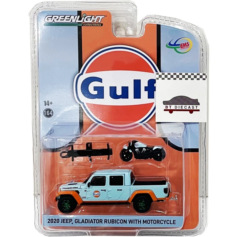1/64 GREENLIGHT GULF OIL 2020 JEEP GLADIATOR RUBICON & MOTORCYCLE BLUE & ORANGE