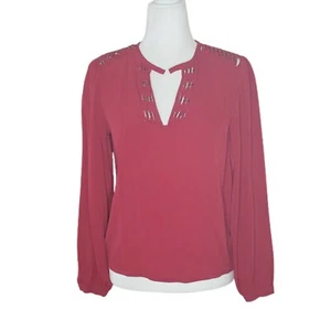 Diane von Furstenberg Deep Red and Gold Silk Keyhole Long Sleeve Blouse Size 0 - Picture 1 of 12