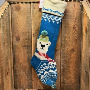 POTTERY BARN KIDS MERRY AND BRIGHT POLAR BEAR STOCKINåG ~ BLUE (NO MONOGRAM) - Picture 1 of 16