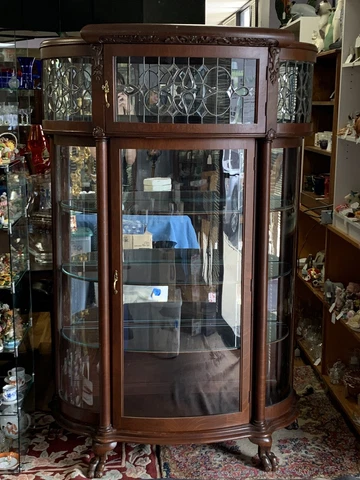 ATQ Oak Curved 3-Shelf 69" Clawfoot Curio Cabinet w/ Beveled Window & Mirrors Cover