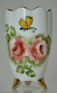 Vtg Toothpick Holder Cup Footed Rose Butterfly Hand Painted Porcelain Signed - Picture 1 of 7