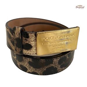 Authentic Dolce&Gabbana Brown Calf Leather Leopard Print Gold Logo Plaque 95/38