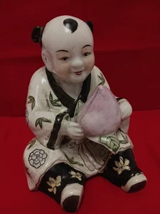 Vintage Chinese Boy Holding Pomegranate - Porcelain Hand Painted Macau Statue - Picture 1 of 9