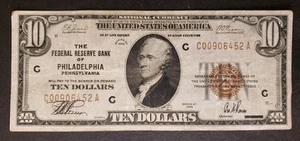 Banconota 10 dollari 1929 Federal Reserve Bank of Philadelphia moneta nazionale - Foto 1 di 2