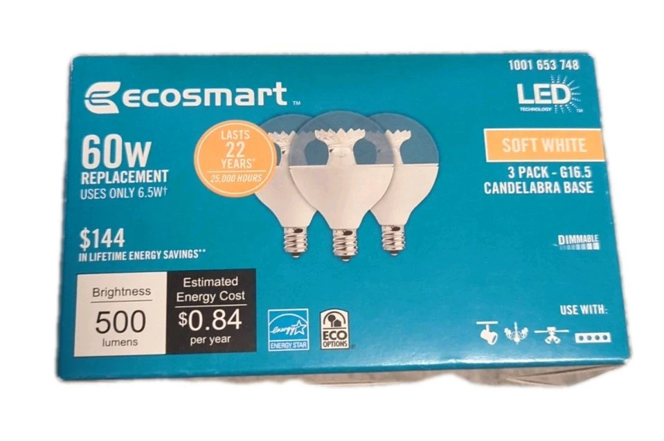 Ecosmart 60 W 16.5 Candelabra Base Three Pack Dimmable LED - Image 1 of 1