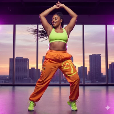 Zumba 女式喊出工装裤 XXL 2XL 橙色降落伞 嘻哈 90 年代 舞蹈 — 第 1/4 张图片