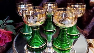5 CUT GLASS Wine Stems GRAPES, LEAVES, GREEN RING GOLD PLATE BOHEMIA - GERMANY - Picture 1 of 10