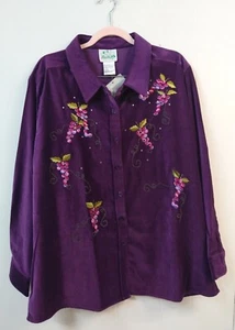 QUacker Factory WM Plus 1X NWT Purple Velour Embroidered Grapes Long Sleeve Top - Picture 1 of 7