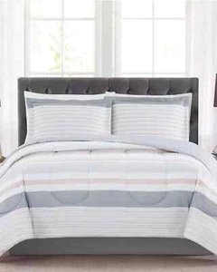 Pem America Grace Gray Stripe Reversible 3-Piece Comforter Sham Set , Full/Queen - Picture 1 of 5